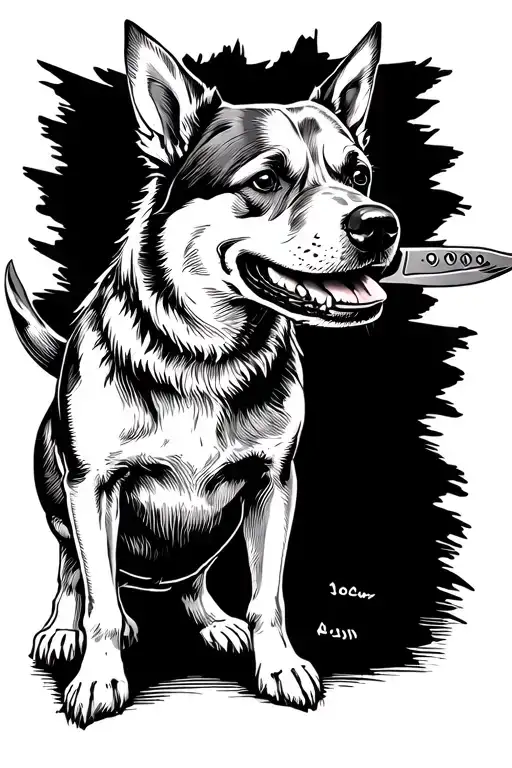 dog standing with a knife in its mouth tattoo design idea