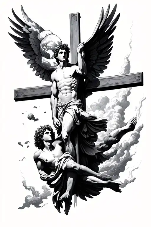 atlas holding the world, icarus falling from sky, negative space cross tattoo design idea