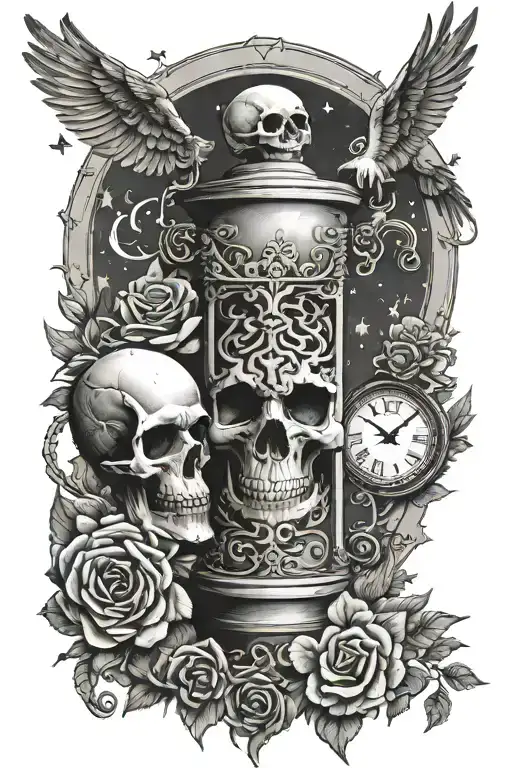 Memento mori amor fati text, Icarus falling, hourglass with sand, skull, owl, stars, dead tree, ash, rose tattoo design idea