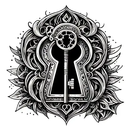 An intricate keyhole design with a male chastity device as the key, symbolizing ownership and submission tattoo design idea