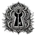 An intricate keyhole design with a male chastity device as the key, symbolizing ownership and submission tattoo design idea