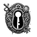 An intricate keyhole design with a male chastity device as the key, symbolizing ownership and submission tattoo design idea