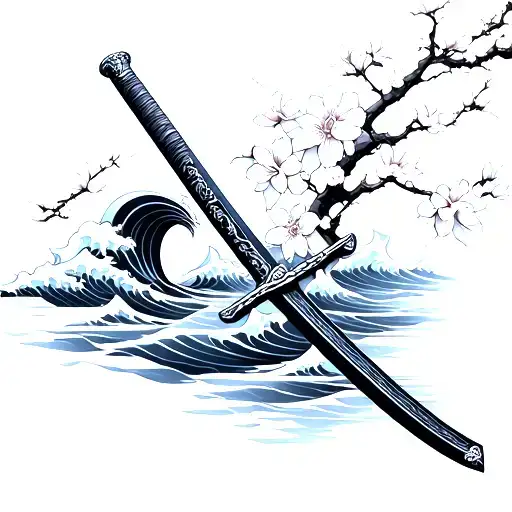 samurai sword with waves and cherry blossoms tattoo design idea