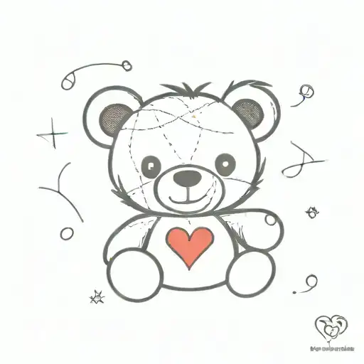 teddy bear with a red heart several fabrics, stitched scars tattoo design idea
