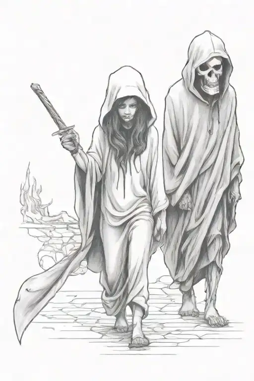 a girl and a hooded reaper walking side by side tattoo design idea