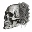 realistic skull  dark with thin line and symbol tattoo design idea