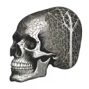 realistic skull  dark with thin line and symbol tattoo design idea