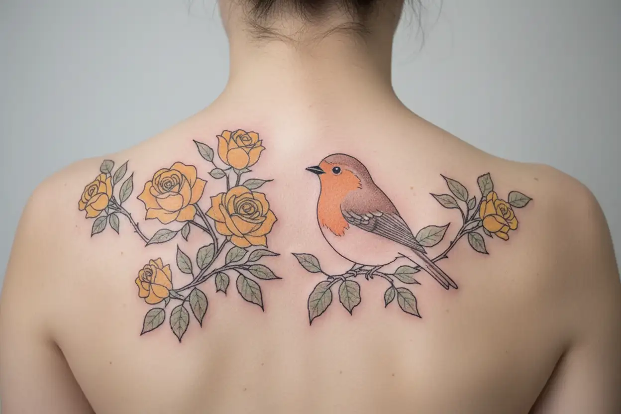 robin bird with yellow roses tattoo design idea