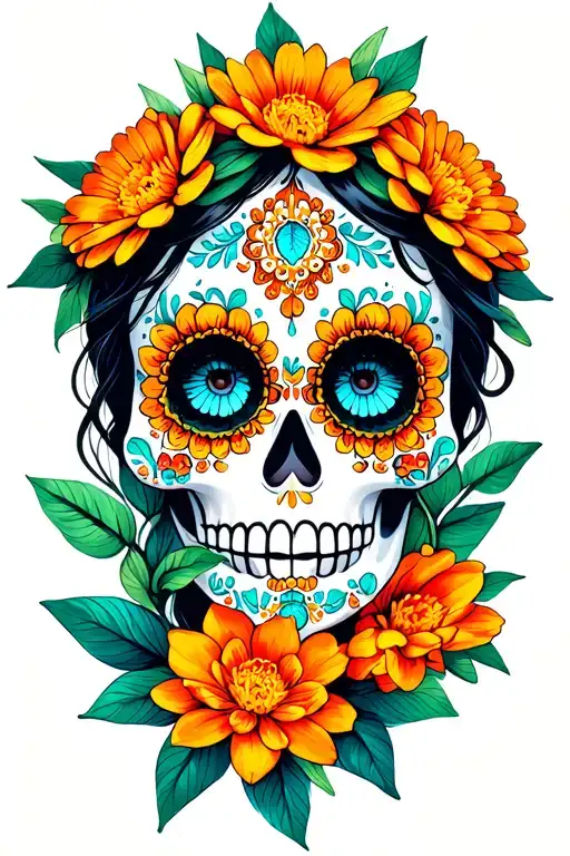 sugar skull face, marigold flowers, primrose,water lily  tattoo design idea