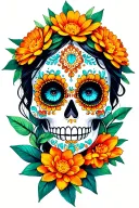 sugar skull face, marigold flowers, primrose,water lily  tattoo design idea