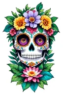 sugar skull face, marigold flowers, primrose,water lily  tattoo design idea