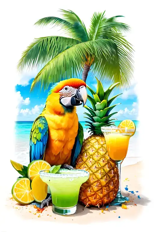 key west beach with parrot and pineapple and margaritas  tattoo design idea