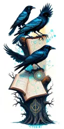 crows and tress stump reading a map tattoo design idea