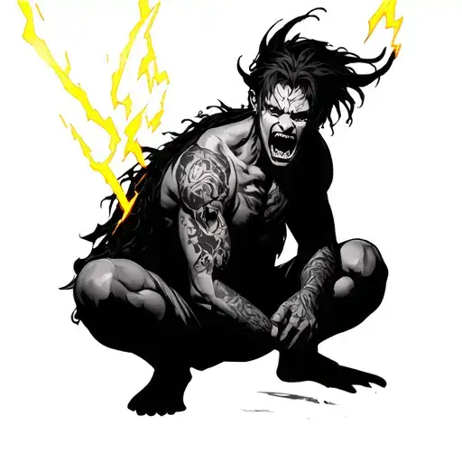 Verical tattoo in black and gray with yellow lightning. Below: Zenitsu (Demon Slayer) kneeling, terrified, holding his tattoo design idea