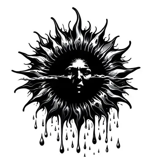 the sun melting into flowing water that drops off into rain drops. tattoo design idea