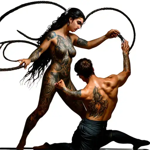 full body of a male in a dongeon on his knees being tortured by a goddess dominatrix with whips, hyperrealist tattoo design idea