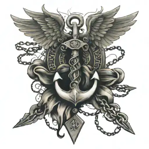 navy anchor intertwined with chains wrapped around it, with angel wings and the quote anchored in honor tattoo design idea