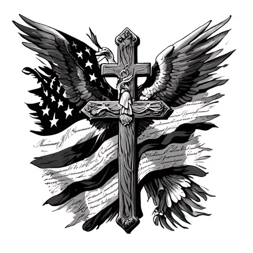 american flag and us constitution behind cross tattoo design idea