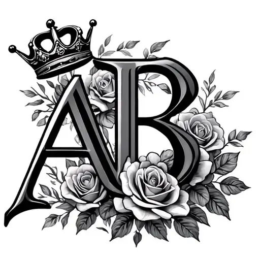 Letter A & B letters with crown and roses connected tattoo design idea