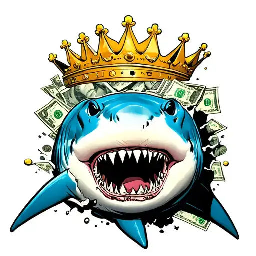 The shark “breaks through” a layer of social symbols: on top - crowns, money, logos of famous brands tattoo design idea