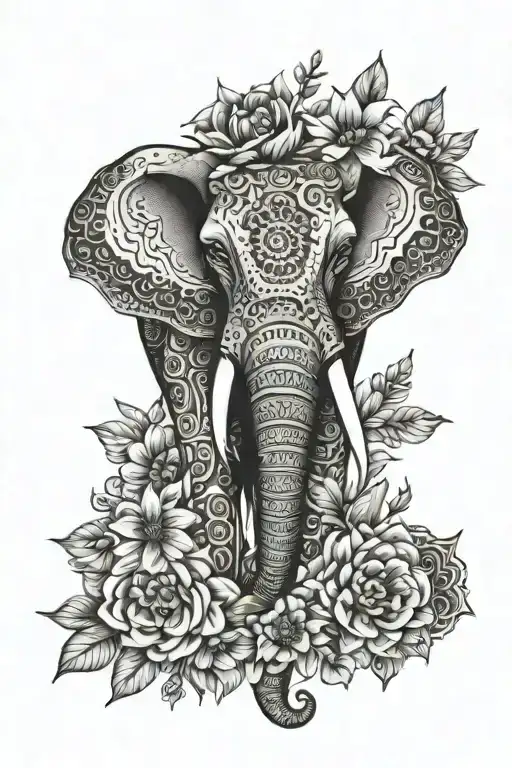 elephant head, flowers,  mandala design inspired tattoo design idea