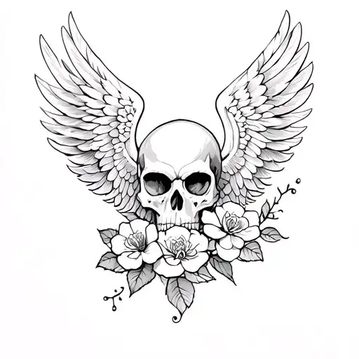 Skullrealistic Japanese wings tattoo across the upper back with detailed feathers wind bars and cherry blossom black and gray and Roses tattoo design idea