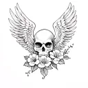 Skullrealistic Japanese wings tattoo across the upper back with detailed feathers wind bars and cherry blossom black and gray and Roses tattoo design idea