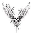 Skullrealistic Japanese wings tattoo across the upper back with detailed feathers wind bars and cherry blossom black and gray and Roses tattoo design idea