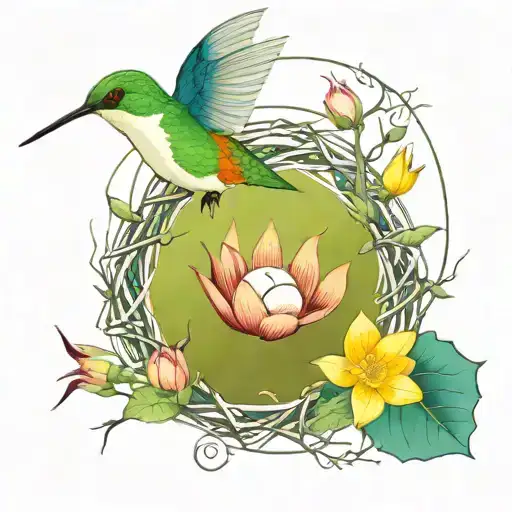 twig wreath hummingbird nest lotus flower with eggs tattoo design idea