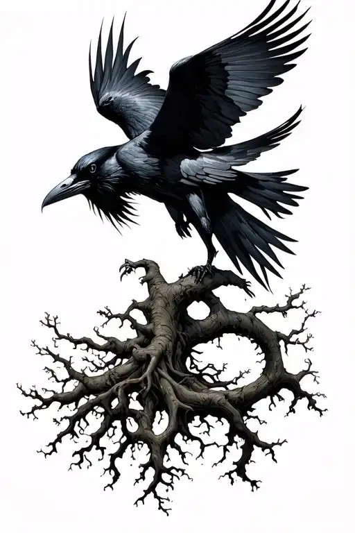Morrigan godness portret + many raven flying + root of the tree Indrasil  tattoo design idea
