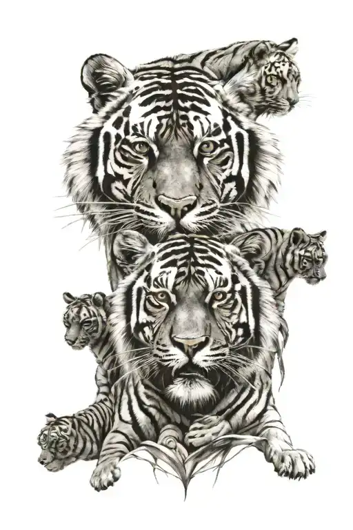 Father and 3 cubs, with mother tiger beneath tattoo design idea