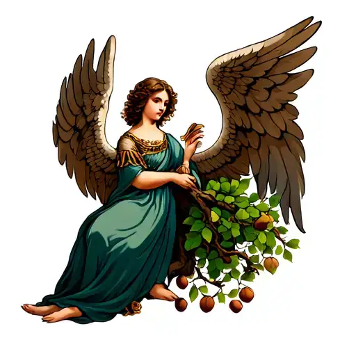 angel and hazelnut tree tattoo design idea