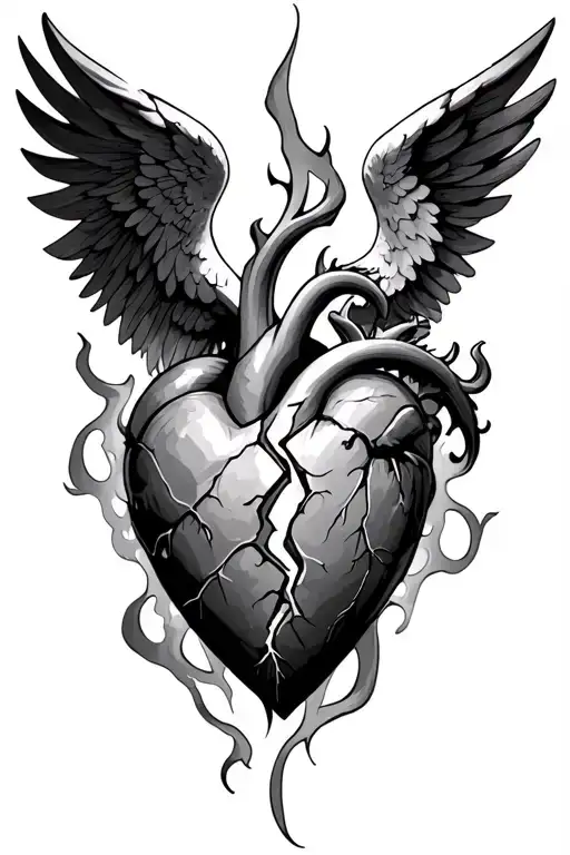 burnin broken heart that got stitched up in the center, surrounded by an angel and a demon tattoo design idea