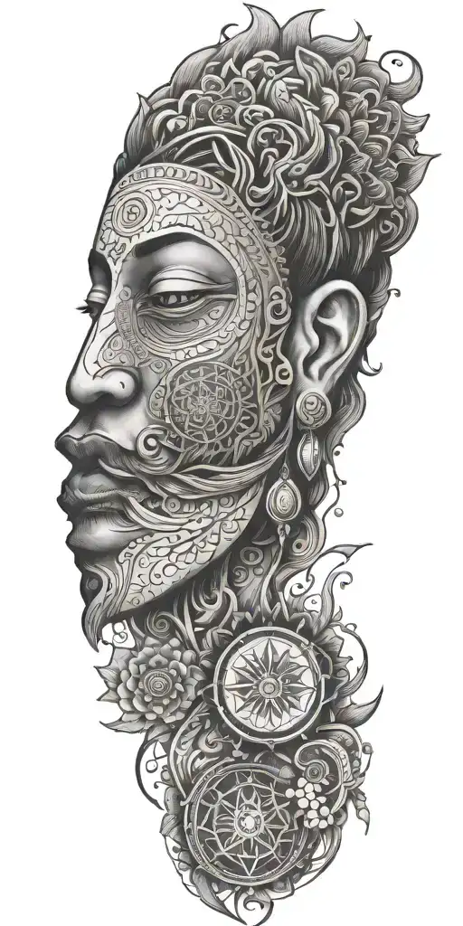 Blend Buddhist mandala, fine-line wood grain, anime elements, and subtle gaming symbols into a cohesive, flowing design tattoo design idea