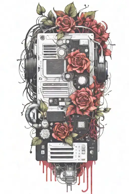 motherboard, computer, flower, vine tattoo design idea