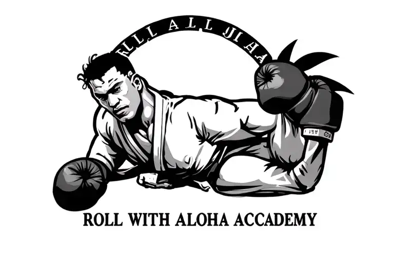"ROLL WITH ALOHA ACADEMY " jiu jitsu fighter grappling and boxing gloves Hawaii  tattoo design idea