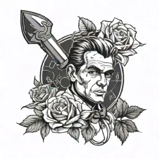 Create a collage of Richie Rich, roses, and Scarface references in a black-grey tattoo design tattoo design idea