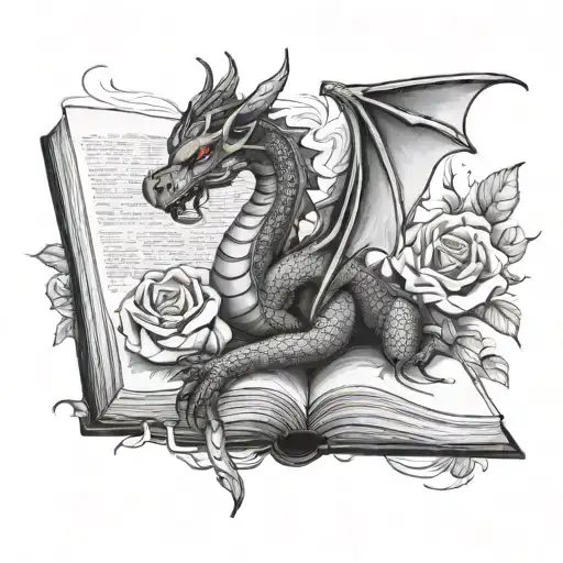 Open book with dragon and roses intertwined tattoo design idea
