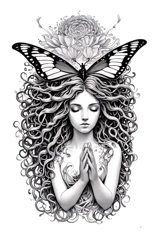 medusa worshipping and praying to a butterfly tattoo design idea