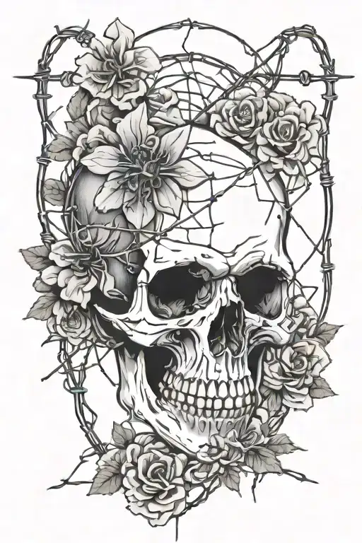 skull and flowers and barbed wire and Spider crawling, women tattoo design idea