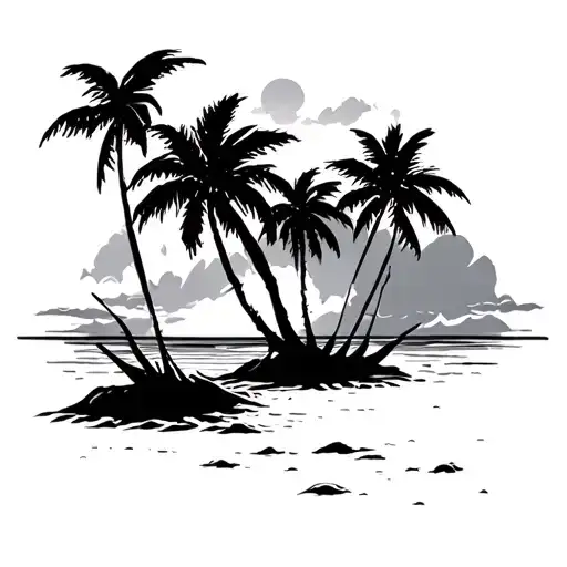 Caribbean beach scene with palm trees, Japanese tattoo design idea