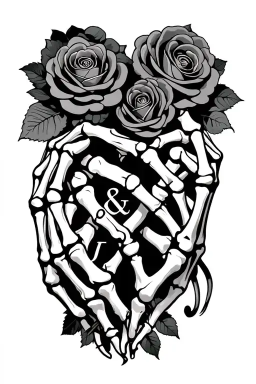 skeleton hands that make a love heart with roses intertwined and with the letters K & J tattoo design idea