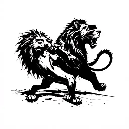 A futuristic scene of a lion battling in a virtual reality video game setting tattoo design idea