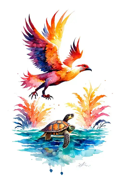 Phoenix bird rise from ocean with turtle family tattoo design idea