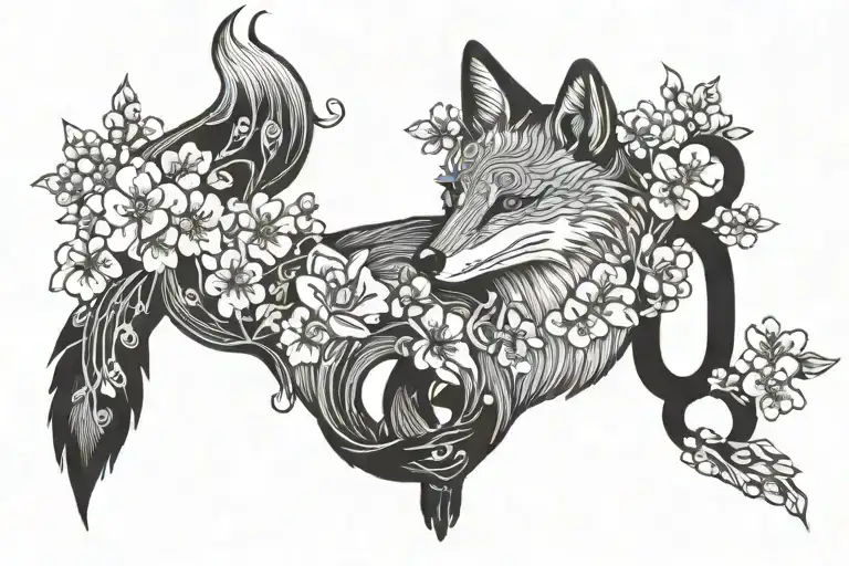 the number "81194" integrated into a fox with cherry blossom vines spreading away from it tattoo design idea