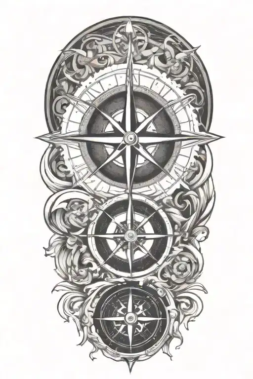 A stylized sun and compass merging together, surrounded by flowing water patterns, symbolizing the client's love for the ocean and navigation tattoo design idea