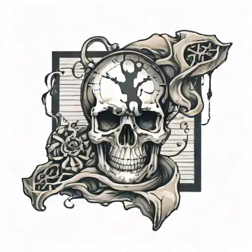 broken hourglass with sand falling out. skull beside the hourglass  tattoo design idea