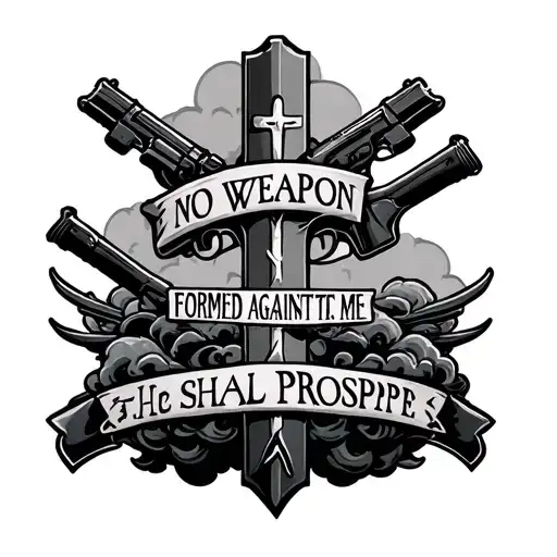 "no weapon formed against me shall prosper" with a cross and clouds and firearms tattoo design idea