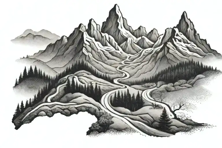 A mountain landscape with a winding road symbolizing the journey of recovery tattoo design idea