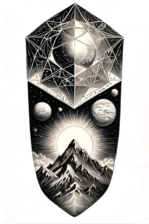 A sacred geometry design (like Metatron’s Cube) incorporating planets, the sun, and a mountain range at the bottom. tattoo design idea